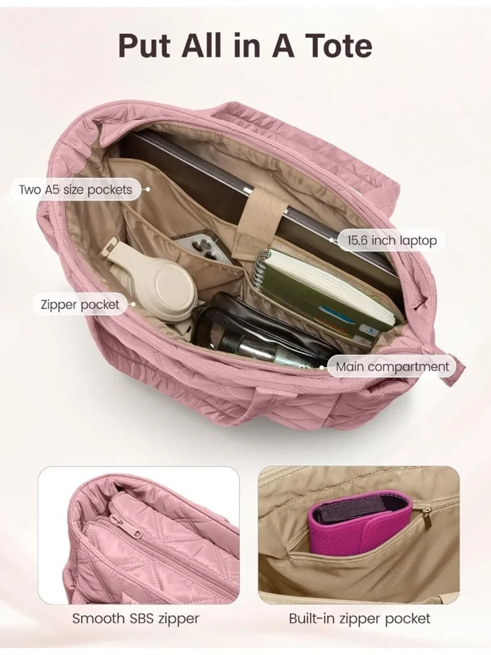 👜Women's Mauve Pink Puffer Tote Bags Lightweight Quilted Work For Travel
